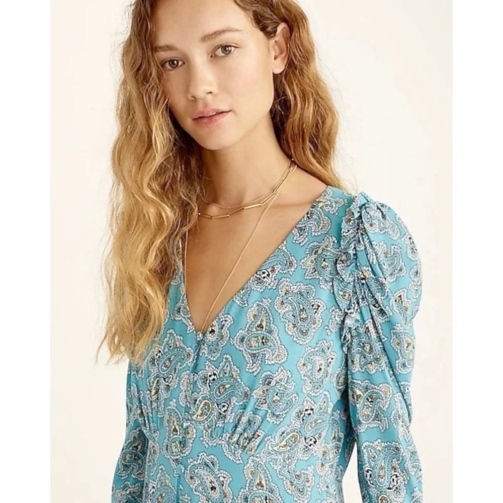 NWT J. Crew Drapey Puff Sleeve Dress Paisley‎ Bunch Romantic Spring Cottagecore